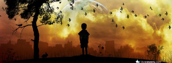 Boy looking into the sky with a planet and birds