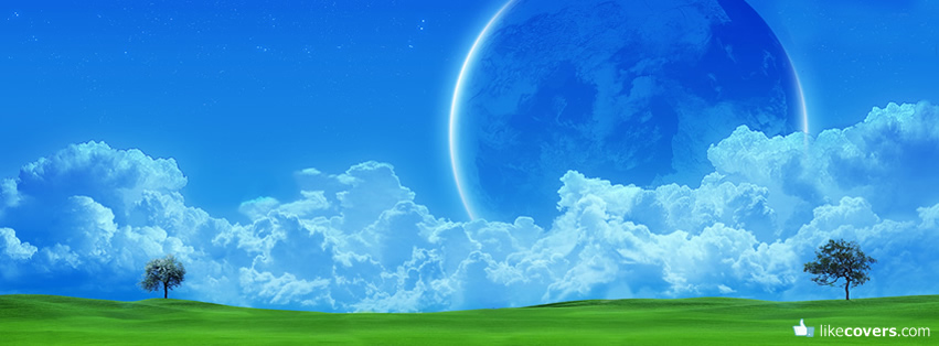 Green Grass And Fantasy Sky With Blue Planet Facebook Covers